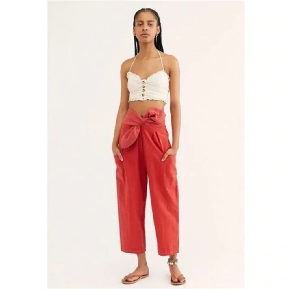 Free People FP One Viola Pants Women 6 Crop High‎ Rise Red Tie Waist Boho Gypsy